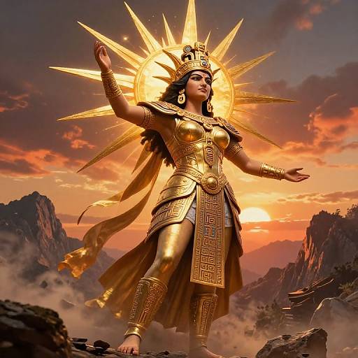 Digital artwork of a golden-armored goddess with radiant sun crown, standing on rocky terrain at sunset, arms raised, surrounded by mountains.