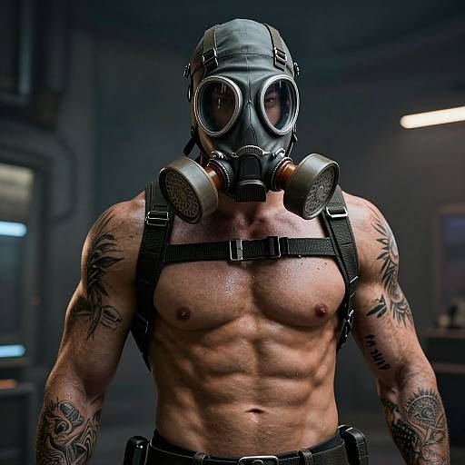 Photograph of a muscular, tattooed man wearing a black gas mask with large round lenses, black harness, and dark pants in a dimly lit