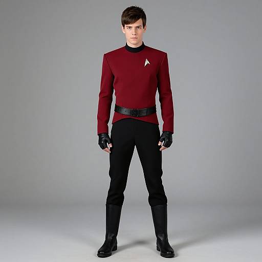 Photograph of a young man in a Star Trek-style uniform: maroon long-sleeve shirt with black pants, black belt, and gloves,