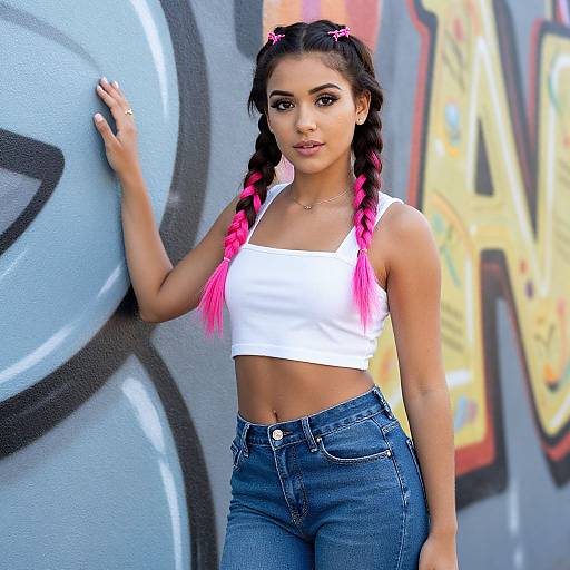 Photograph of a young woman with light brown skin and black hair in pink braided pigtails, wearing a white crop top and high-wa