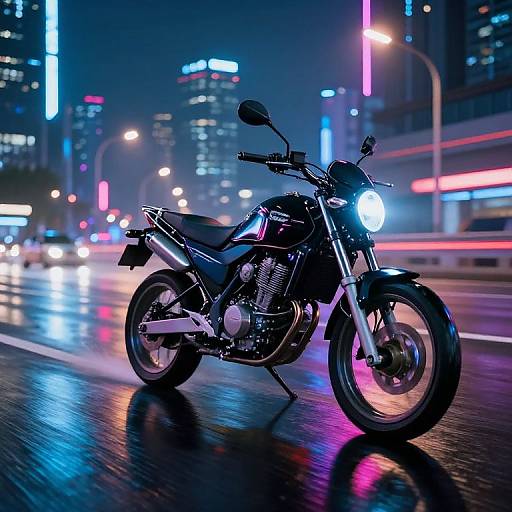 Neon-lit nighttime city street photograph of a black motorcycle with glowing headlight, reflections on wet road, towering illuminated skyscrapers in background.
