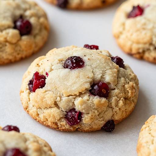 Close-up photo of crumbly oatmeal cookies with visible dark red cranberries, placed on white parchment paper. Rich, golden-brown texture.