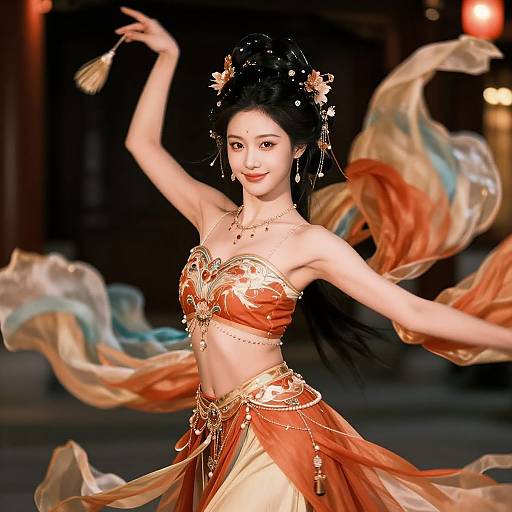 Digital artwork of an Asian woman in an orange and gold belly dancing outfit, with flowing ribbons and ornate headpiece, smiling gracefully against a dark