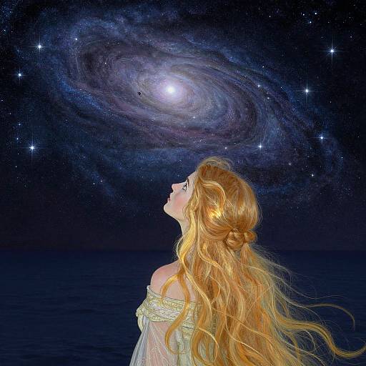 Digital artwork of a blonde woman with wavy hair, off-shoulder white dress, gazing at a spiral galaxy in a starry night sky