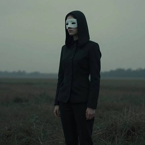 Photograph of a person in a black hooded jacket and white mask, standing in a dark, misty field at dusk.