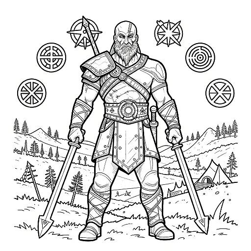 Black and white line drawing of a muscular, armored warrior with two swords, standing in a forest with flying rune symbols.