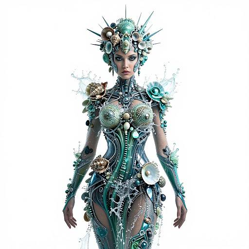 Digital art of a futuristic, cyberpunk woman with metallic armor, intricate gears, and flowers, wearing a spiked crown, against a white background.
