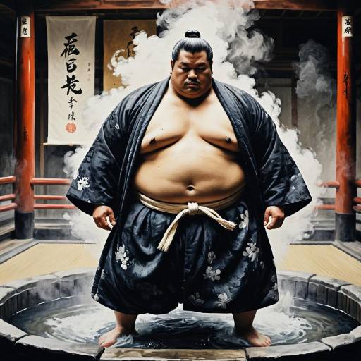 Elegant Sumo Wrestler with Steaming Hot Spring