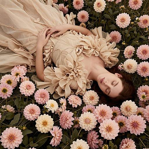 Photograph of a fair-skinned woman with closed eyes, lying among pink and white dahlias, wearing a ruffled, cream-colored dress.