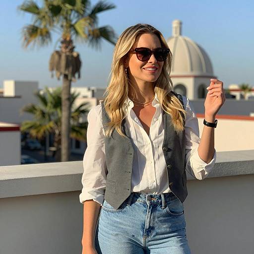 Blonde Woman in Casual Outfit on Rooftop