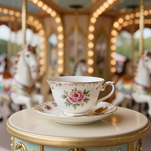 Photograph of a delicate floral-patterned teacup with a gold spoon on a white saucer, set on a gold table, in a brightly
