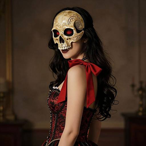 Eerie Elegance with Skull Masked Woman