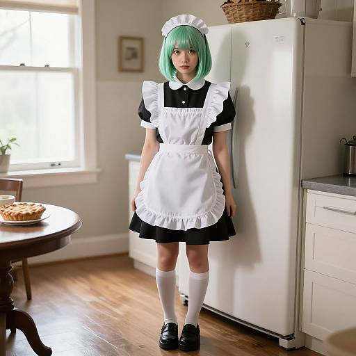 Photograph of a young woman with green bob haircut, wearing a black and white maid outfit, standing in a bright kitchen.