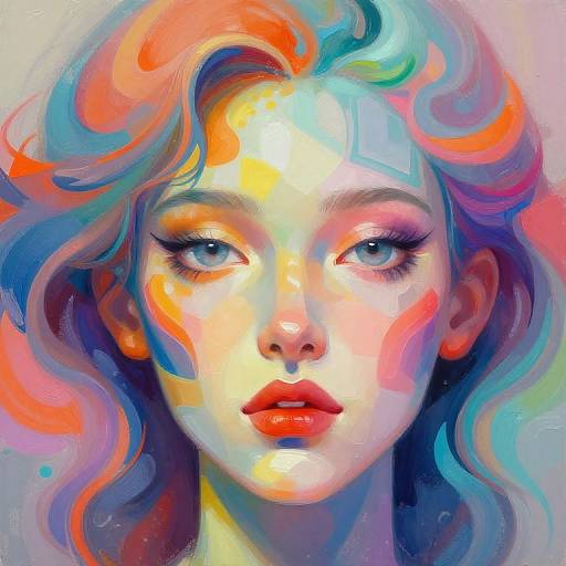 Digital painting of a fair-skinned woman with vibrant, colorful, wavy hair, blue eyes, and red lips, blending hues of orange, blue