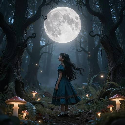 Girl in Enchanted Forest Under Full Moon