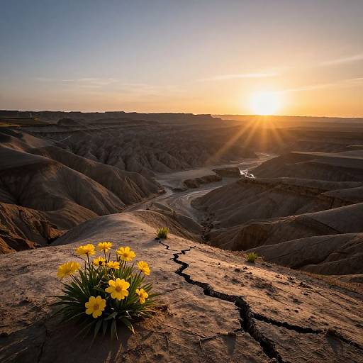 Sunset over rugged desert landscape with cracked rocky terrain, winding river, and bright yellow wildflowers in the foreground. Sun's rays cast warm light,