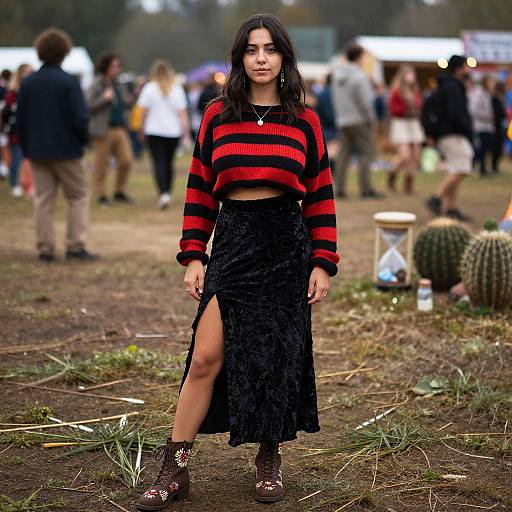 Photograph of a young woman with dark hair, wearing a red and black striped sweater, black velvet skirt with a thigh-high slit, and brown ankle