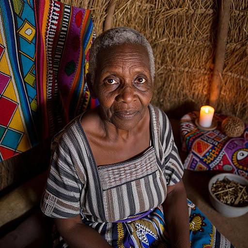 Photograph of an elderly African woman with gray hair, wearing a striped dress, sitting against colorful, patterned fabric and a lit candle.