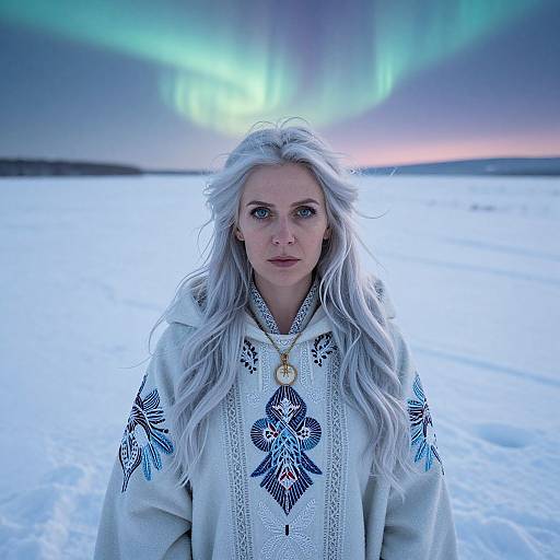 Photograph of a white-haired woman with blue eyes, wearing an embroidered white top, standing in a snowy landscape under the Northern Lights.