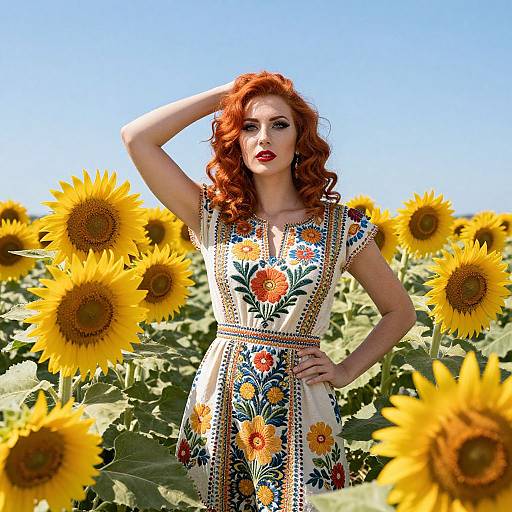 Red Curled Woman in Sunflower Field