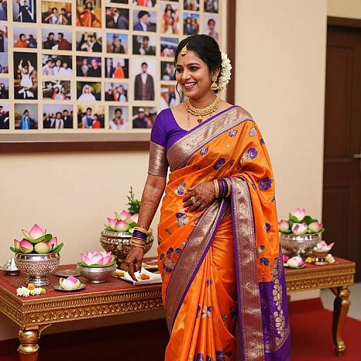 Photograph of a smiling Indian woman in an orange and purple saree with gold embroidery, adorned with jewelry, standing beside a decorated table with pink lot