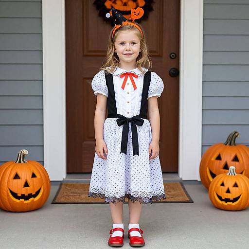 Young girl in white polka-dot dress with black bow, red ribbon, and red shoes, wearing orange headband, stands before Halloween pumpkins and
