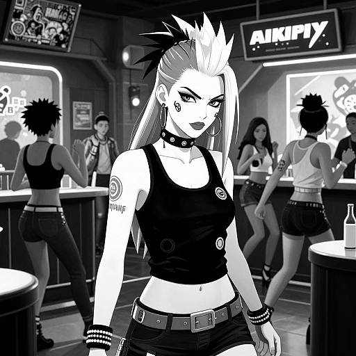 Black-and-white digital drawing of a punk-rock bar; confident, tattooed woman with spiked hair, crop top, and shorts stands foreground.
