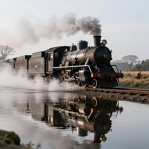 Photograph of a black steam locomotive emitting white smoke, crossing a reflective waterway, with bare trees in the background.