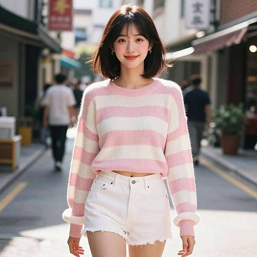 Young Woman in Pink Striped Sweater and White Shorts