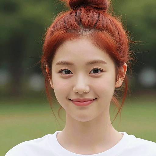 Photograph of a young Asian woman with fair skin, red hair in a bun, wearing a white shirt, smiling gently against a blurred green background.