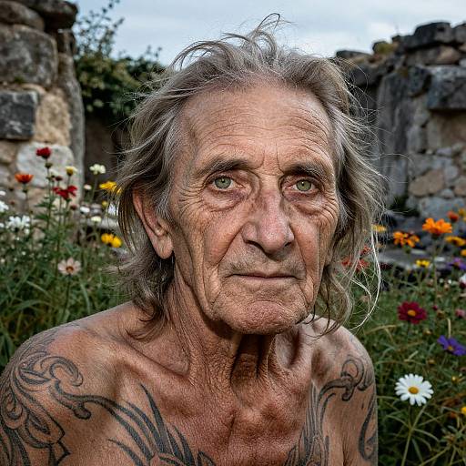 Photograph of an elderly, shirtless man with gray, wavy hair, green eyes, and intricate tattoos on his shoulders, standing in a colorful
