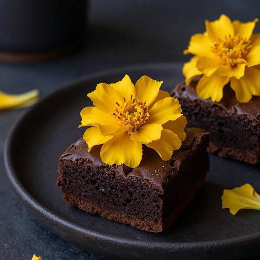 Marigold-Topped Dark Chocolate Brownie Close-Up
