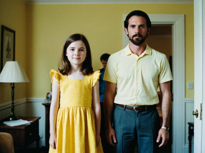 Little Girl and Man in Yellow Outfits Indoors