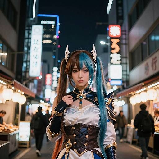 Cosplayer in anime-style outfit with blue and brown twin pigtails, white and black armor, standing in a brightly lit, neon-lit urban
