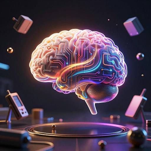 Neon-lit, glowing digital brain hologram with circuitry patterns floating above a futuristic, dark blue circular platform, surrounded by floating devices and spheres