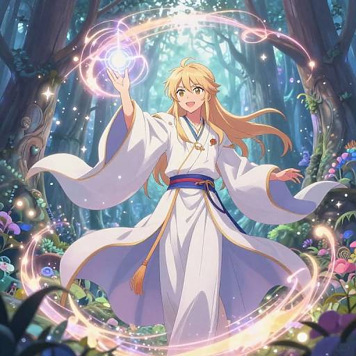 Young Mage Casting Spell in Forest