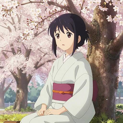 Anime-style digital drawing of a young woman with black hair, wearing a white kimono with a purple obi, sitting under cherry blossom trees in a