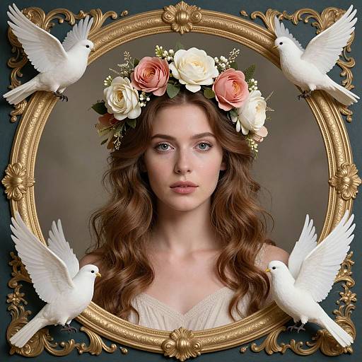 Photograph of a fair-skinned woman with wavy brown hair, wearing a white dress and floral headpiece, framed by four white doves in