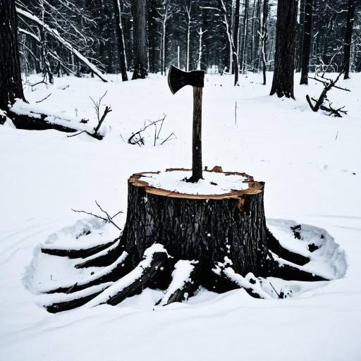 Axe Stuck in Snow-Covered Tree Stump in Winter Forest