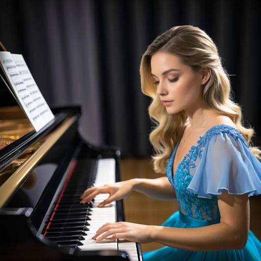 Woman in Blue Dress Playing Piano