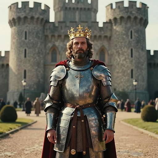 Photograph of a bearded king with wavy hair, wearing silver armor and a gold crown, standing in front of a medieval stone castle. Background