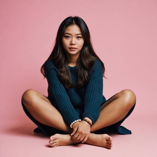 Asian Woman Sitting Cross-Legged on Pink Background
