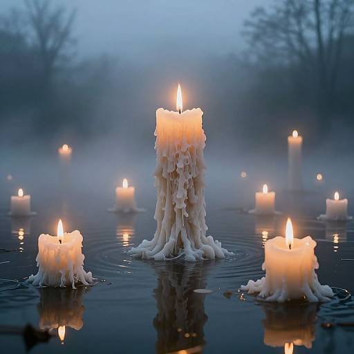 Photograph of melting white candles floating in calm, reflective water at dusk, surrounded by a misty, blue-hued forest background.