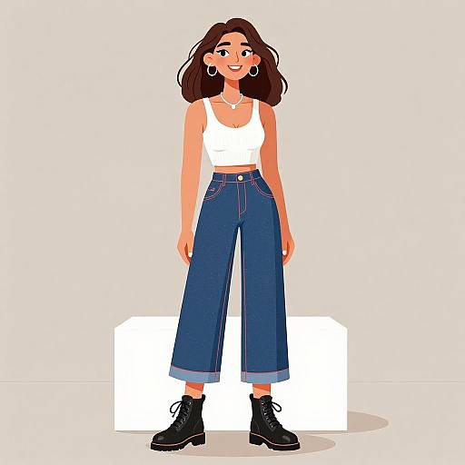 Digital illustration of a smiling woman with wavy brown hair, wearing a white crop top, high-waisted blue jeans, and black boots, standing