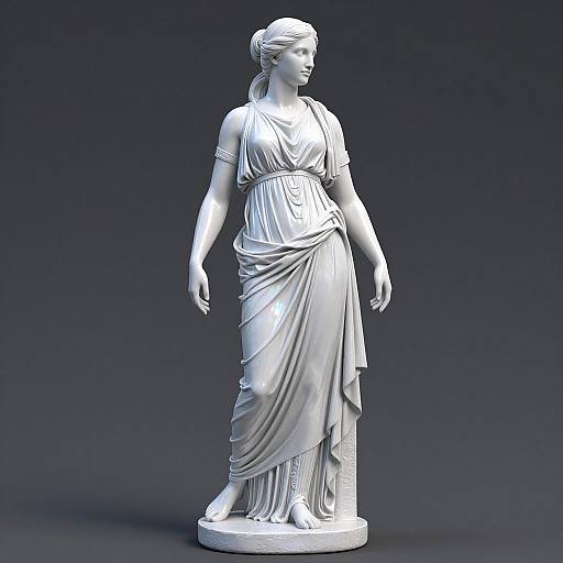 Photograph of a white marble statue of a classical Greek woman in a flowing, draped gown, standing against a dark gradient background.