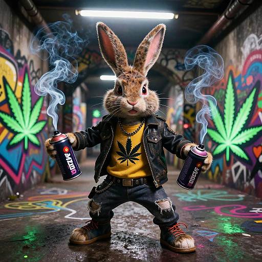Digital artwork of a anthropomorphic rabbit in a graffiti-filled alley, wearing a black leather jacket, yellow shirt, and holding two smoke-emitting spray cans