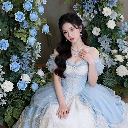 Photograph of an elegant Asian woman with long black hair, wearing a white lace and satin off-shoulder wedding gown, surrounded by blue and white