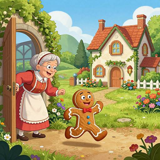 Cartoon illustration of an elderly woman in a red dress and white apron, smiling, greeting a cheerful gingerbread man with blue buttons, in a