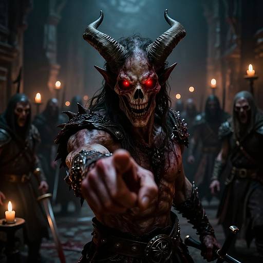 Photograph-style CGI of a demonic figure with glowing red eyes, black horns, skeletal face, and spiked armor, pointing forward, surrounded by dimly