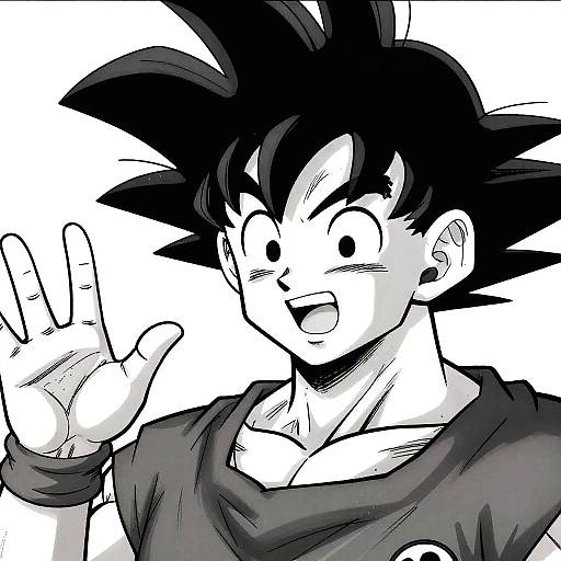 Monochrome digital drawing of Goku from Dragon Ball, showing an excited expression with spiky black hair, raising his right hand in a peace sign.
